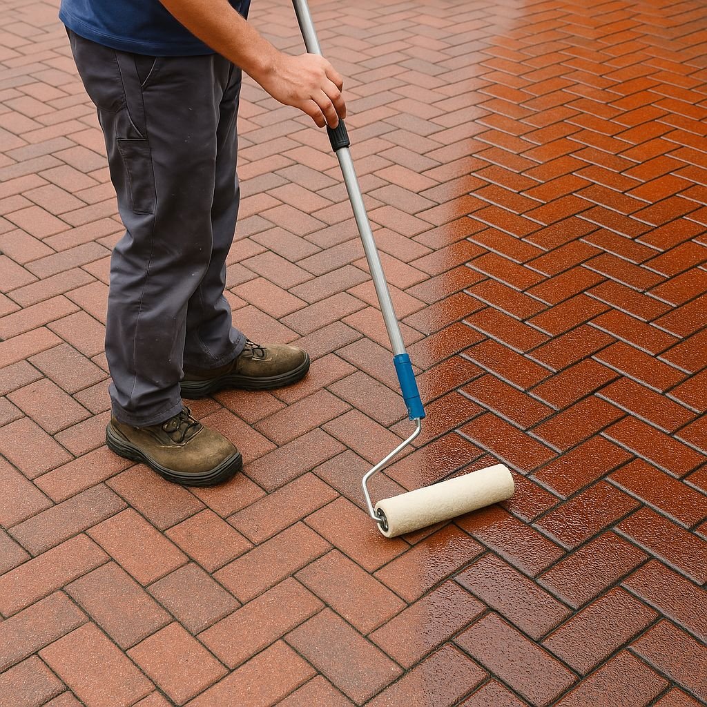 Worker coating a brick driveway